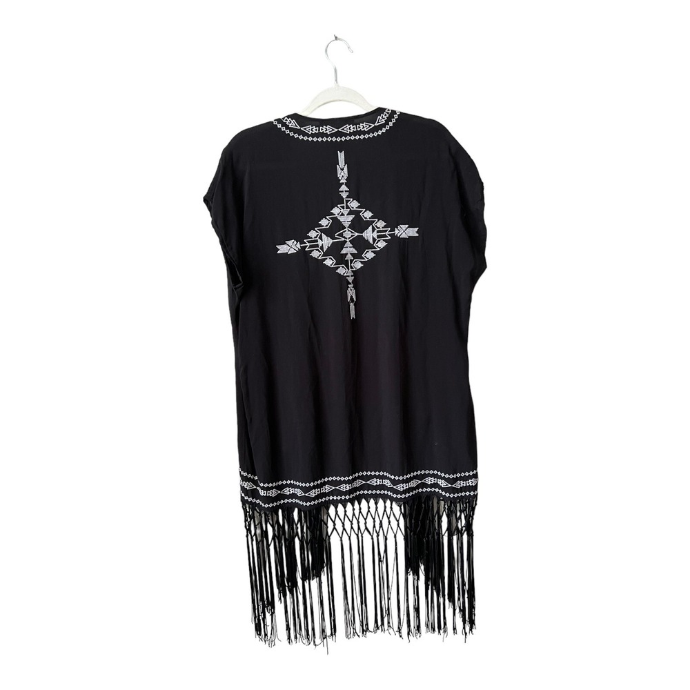Ali Miles Kimono Womens Medium Black Embroidered Open Topper Tassel Western Boho